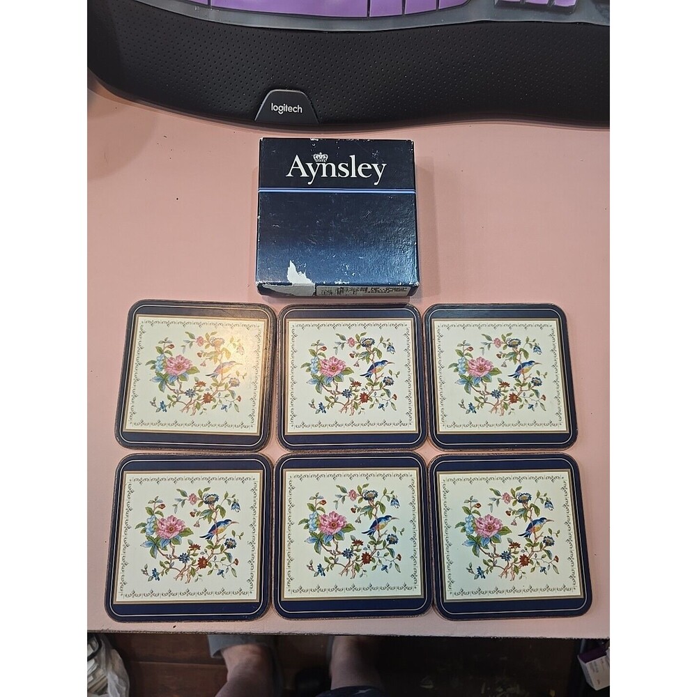 Set of 6 Aynsley PEMBROKE Square Coasters Acrylic Finish England Birds Floral
